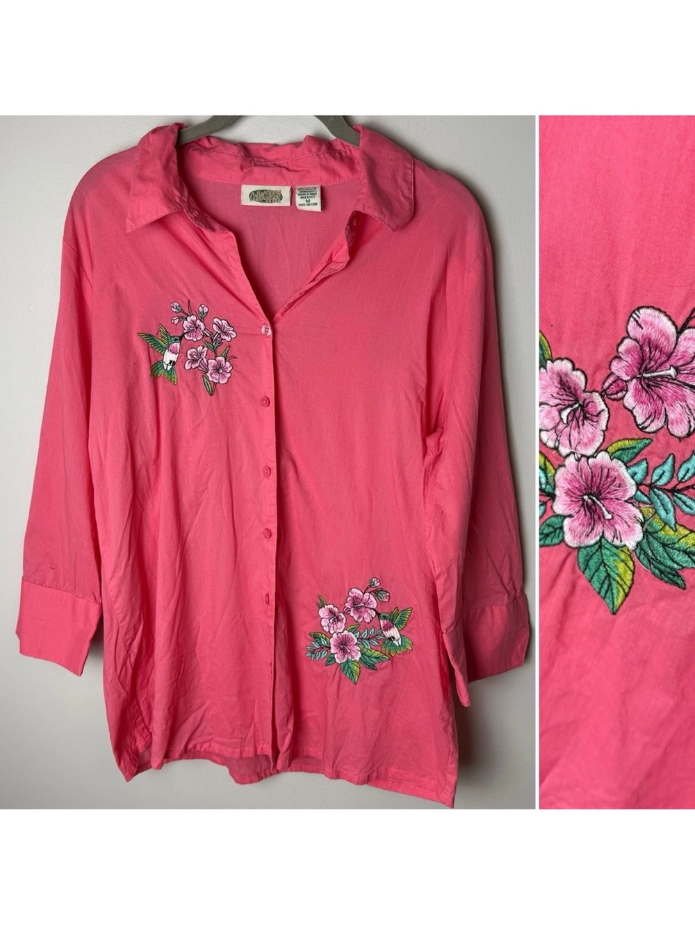 Collections Etc Shirt Size Medium Pink Hummingbird Floral Embroidered Button Up